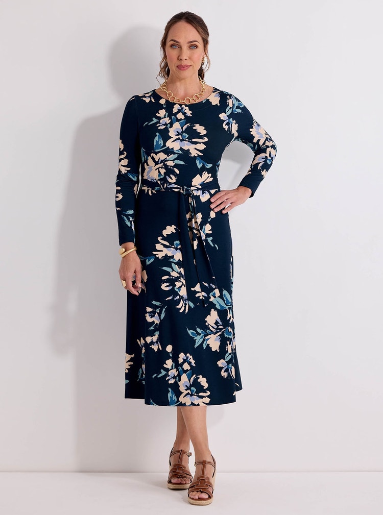 Robe ceinturée en jersey fleuri.